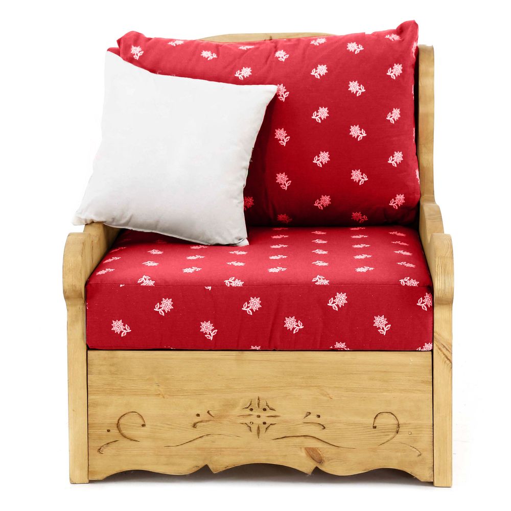Fauteuil coffre chalet traditionnel en tissu rouge motif edelweiss Dahu