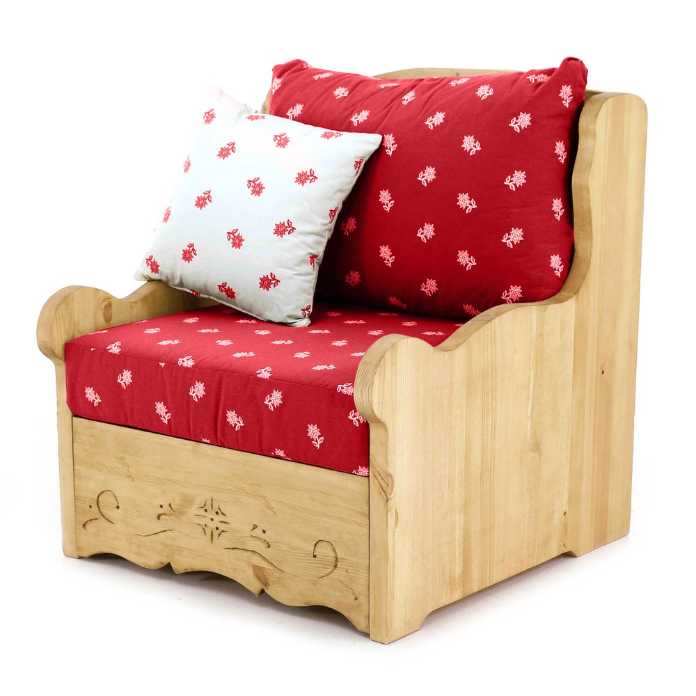 Fauteuil coffre chalet traditionnel en tissu rouge motif edelweiss Dahu