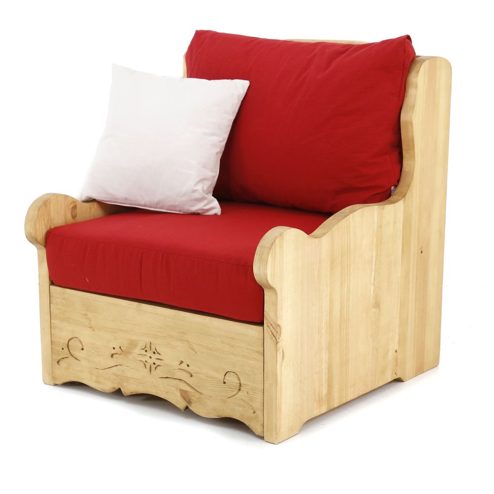 Fauteuil coffre pin massif sculpté et tissu rouge Liso
