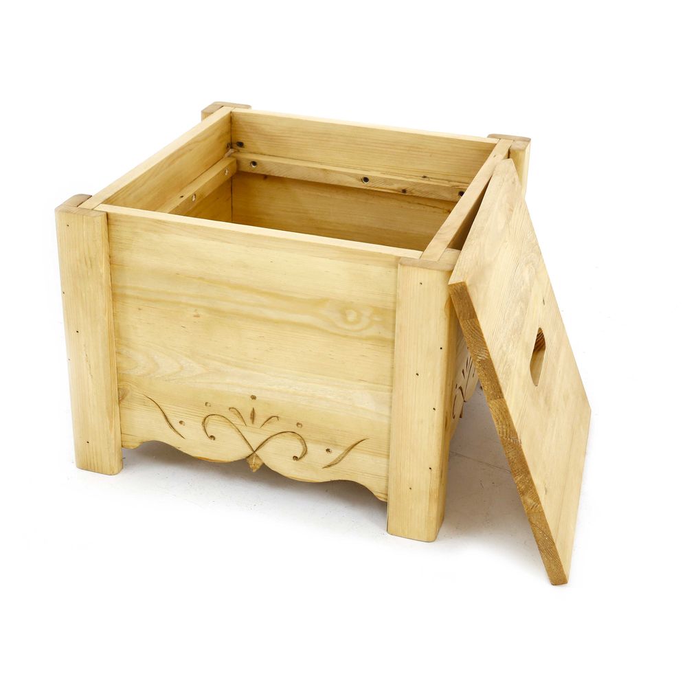 Pouf coffre de rangement pin massif sculpté Cervino taupe