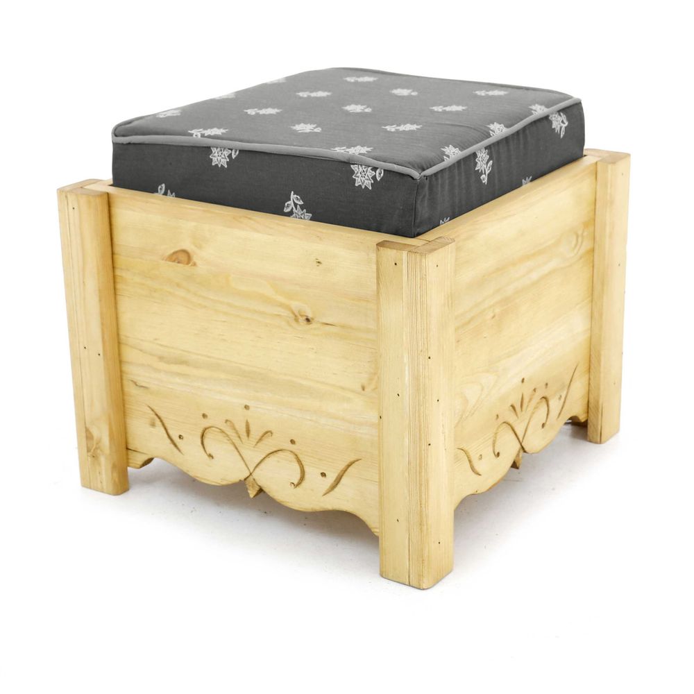 Pouf coffre de rangement pin massif sculpté Edelweiss gris Aspin
