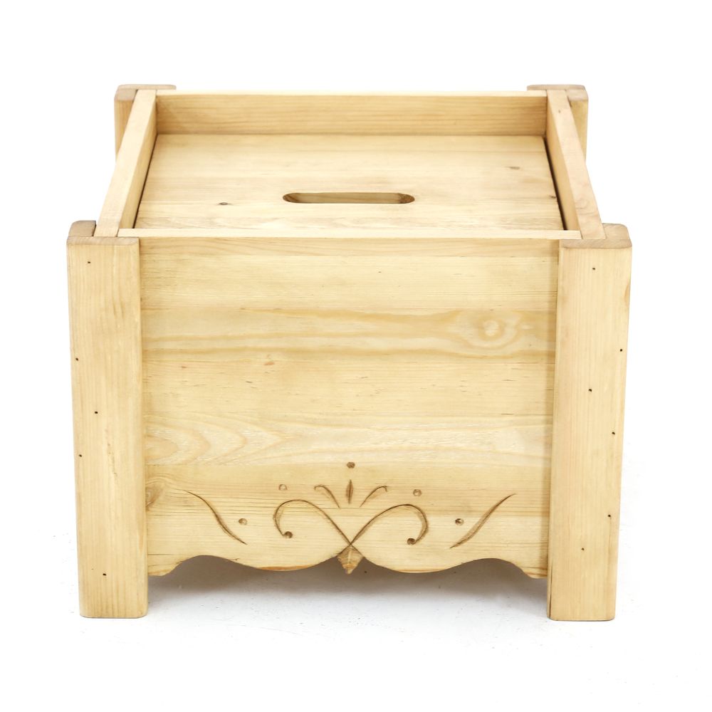 Pouf coffre de rangement pin massif sculpté Edelweiss gris Aspin