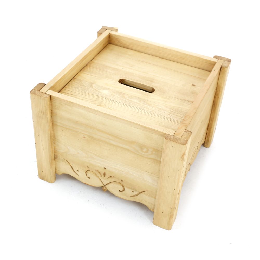 Pouf coffre de rangement pin massif sculpté Edelweiss gris Aspin