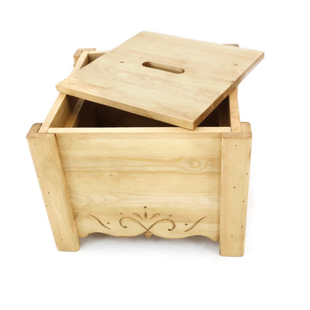 Pouf coffre de rangement pin massif sculpté Edelweiss gris Aspin