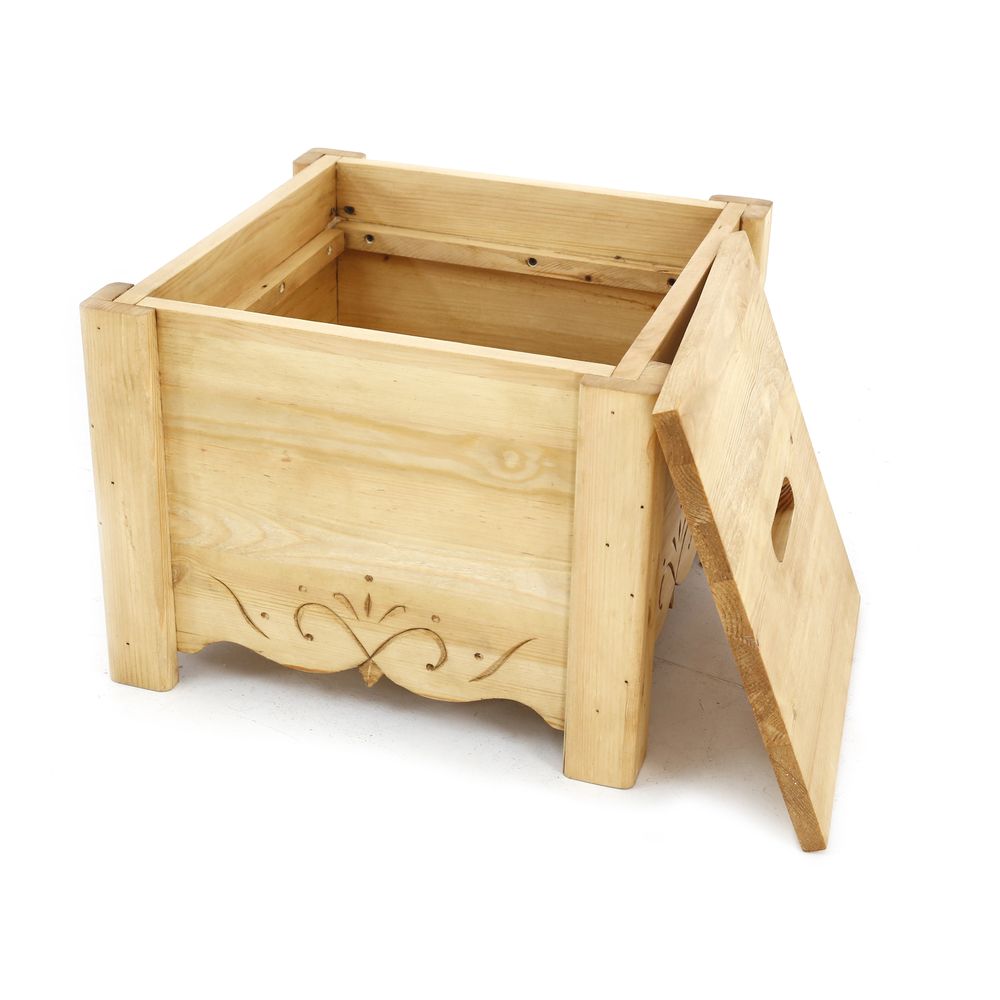 Pouf coffre de rangement pin massif sculpté Edelweiss gris Aspin