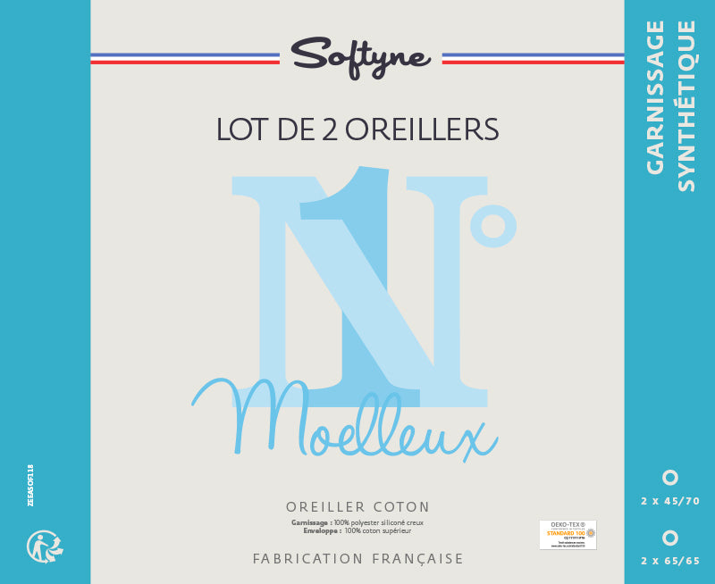 Lot de deux Oreiller 65x65 cm Softyne n°1 moelleux et anti-acariens