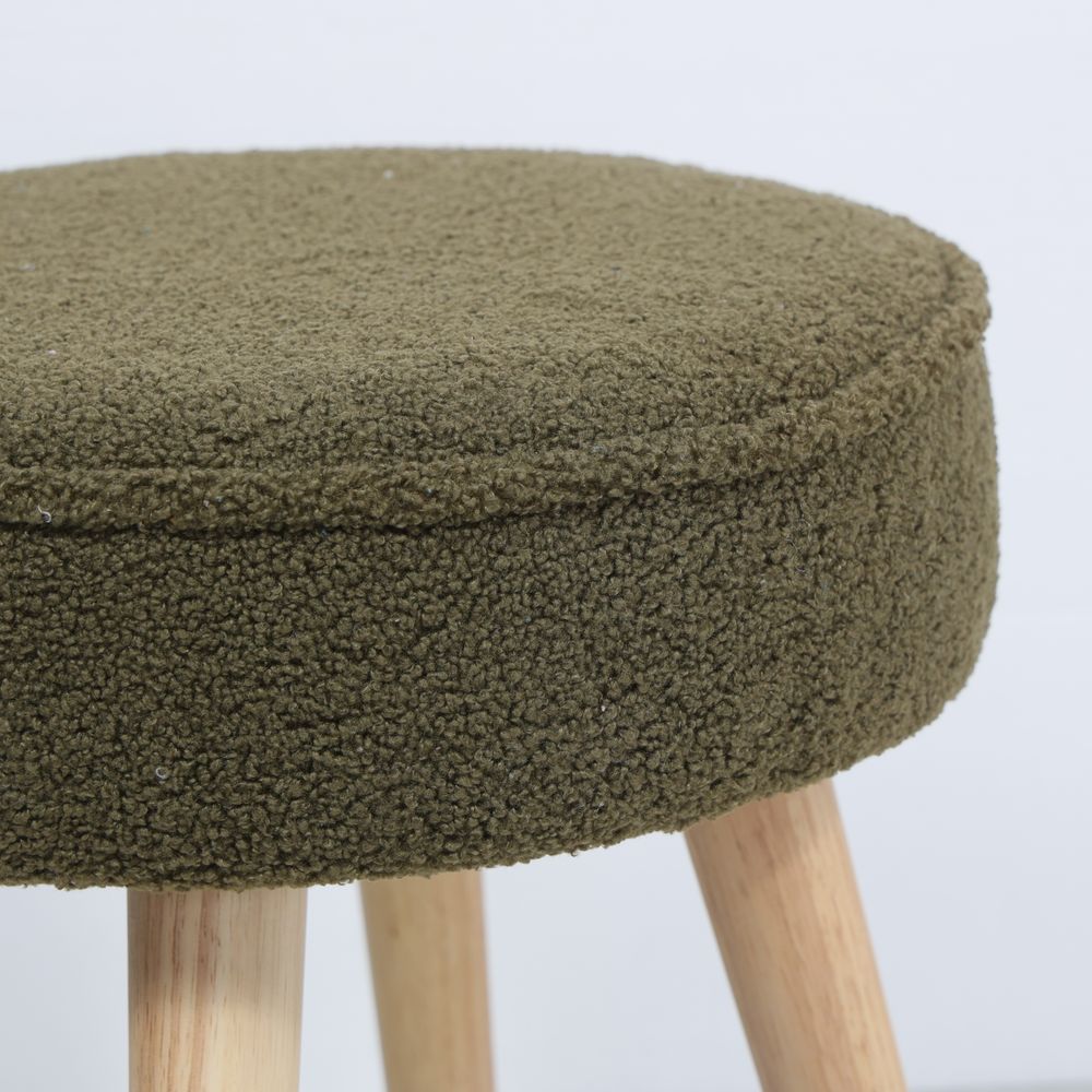 Pouf tissu effet laine bouclette kaki pied wengé