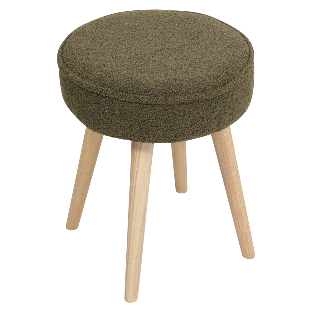 Pouf tissu effet laine bouclette kaki pied wengé