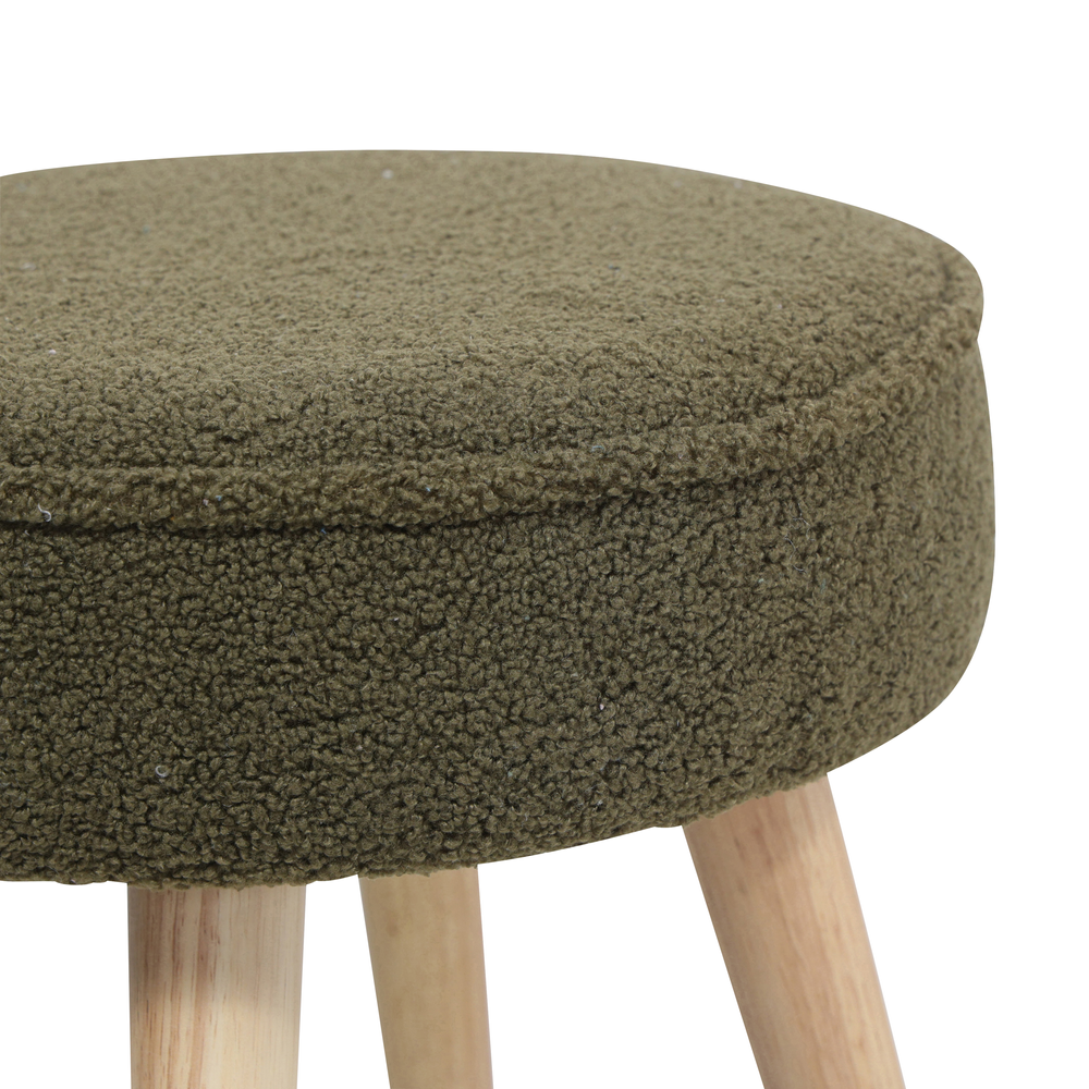 Pouf tissu effet laine bouclette kaki pied wengé