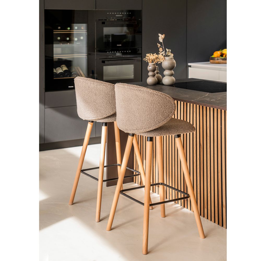 Chaise de bar tissu effet laine bouclette taupe