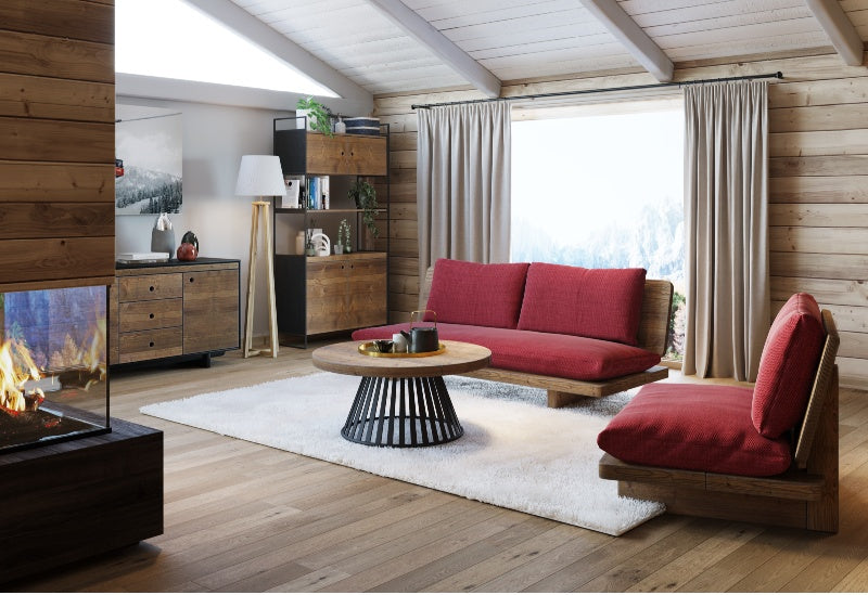 Salon meuble et déco chalet avec cheminée