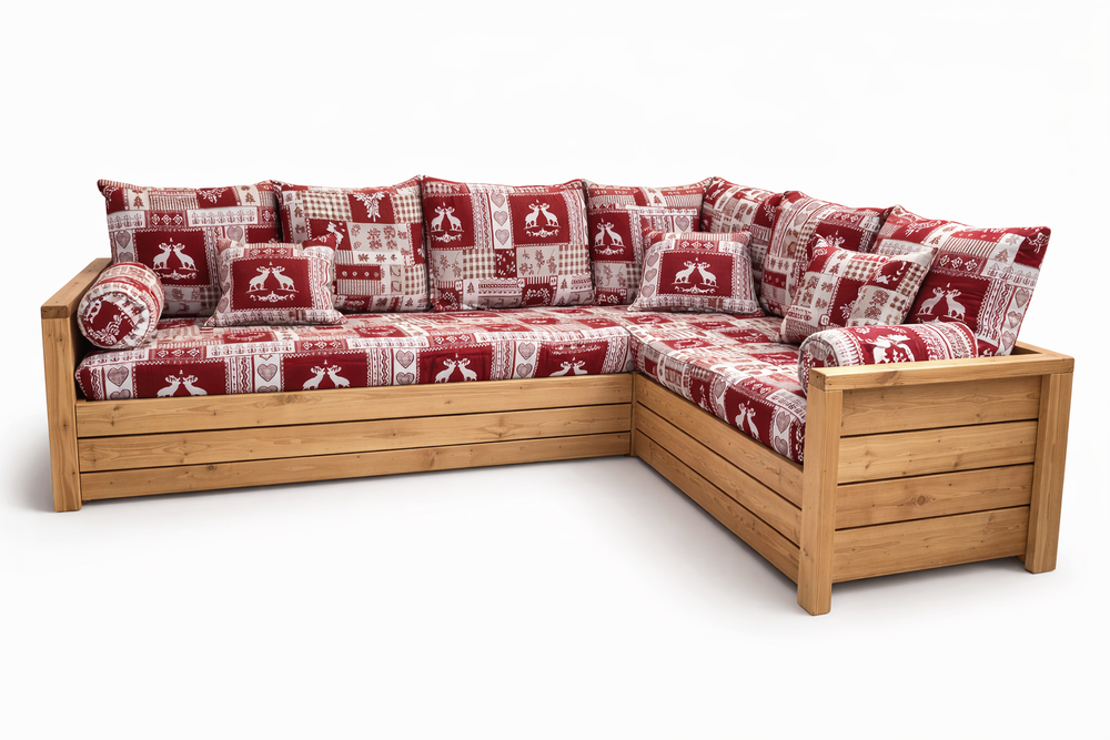 Canapé NORDIC Chambéry grenat avec angle à droite en épicéa massif brossé finition miel