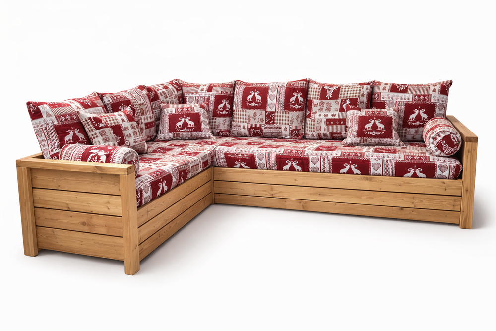 Canapé NORDIC Chambéry grenat avec angle à gauche en épicéa massif brossé finition miel