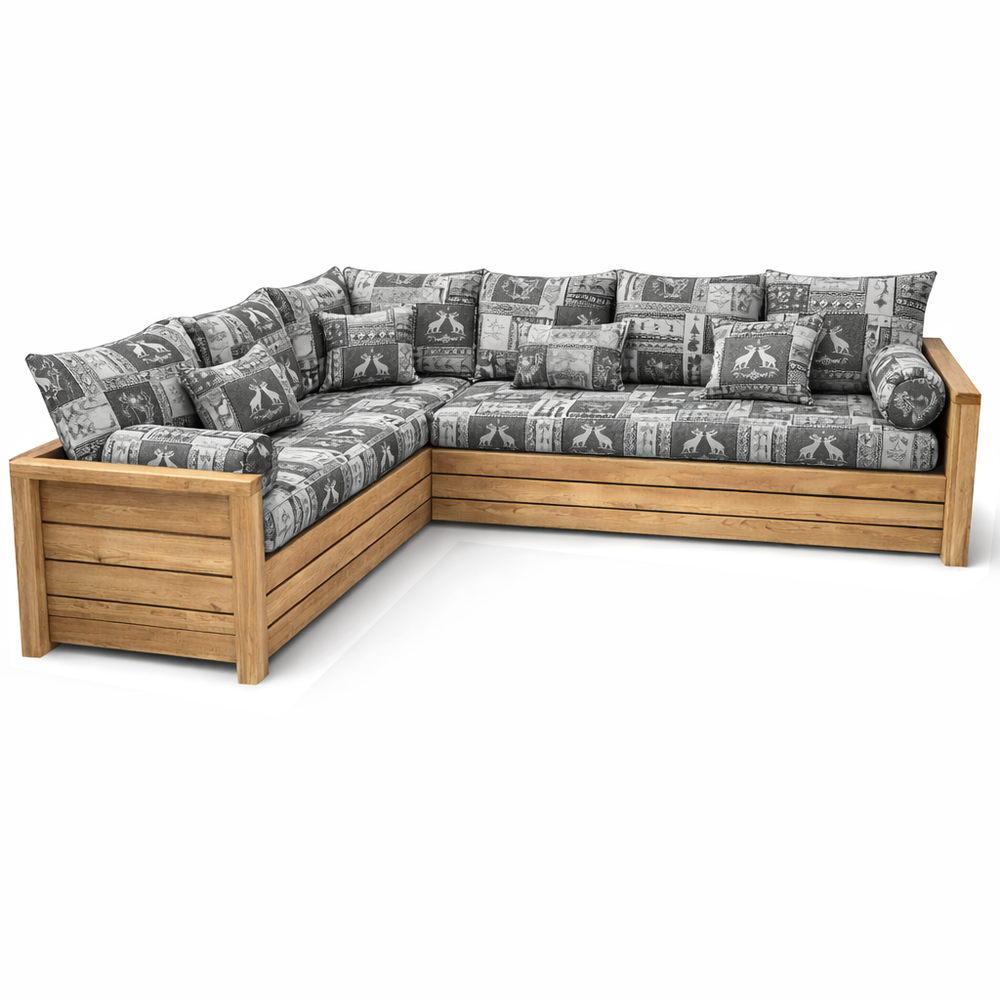 Canapé NORDIC Chambéry taupe avec angle à gauche en épicéa massif brossé finition miel