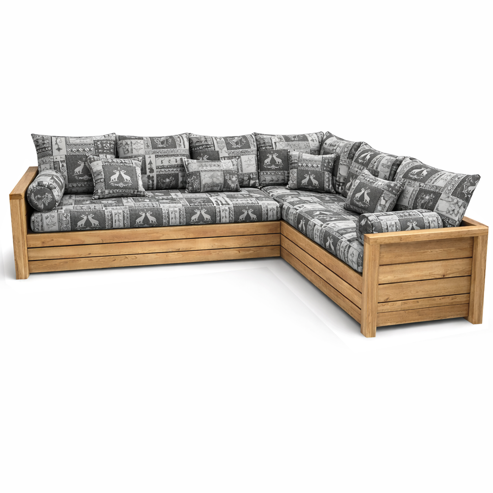 Canapé NORDIC Chambéry taupe avec angle à droite en épicéa massif brossé finition miel