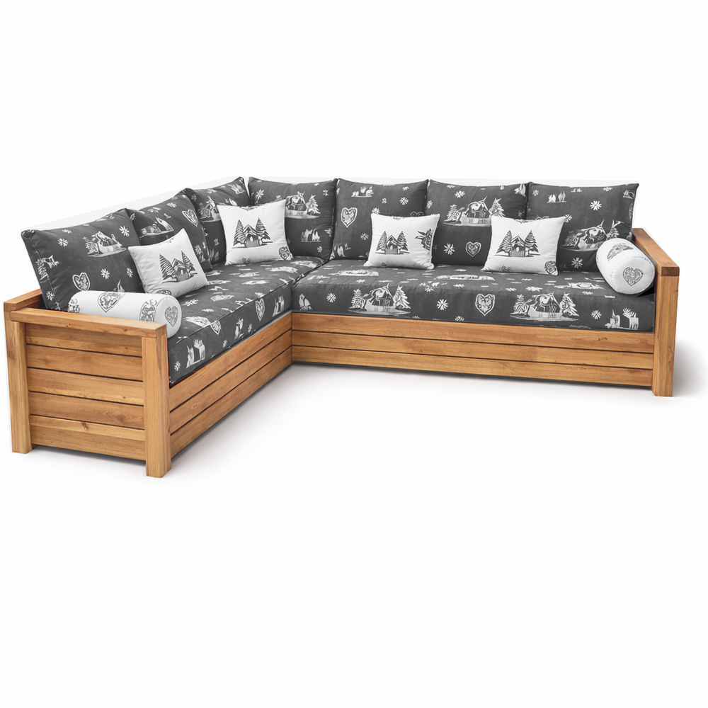 Canapé NORDIC Courchevel gris avec angle à gauche en épicéa massif brossé finition miel