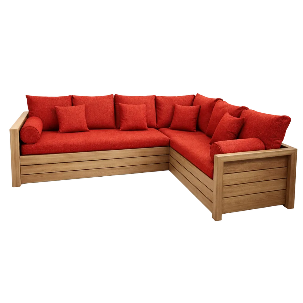 Canapé gigogne NORDIC Luisa rouge avec angle à droite en pin massif brossé miel