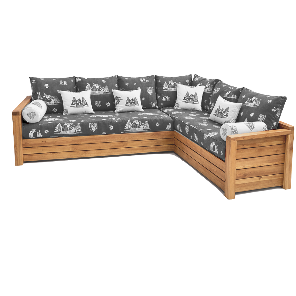 Canapé NORDIC Courchevel gris avec angle à droite en épicéa massif brossé finition miel