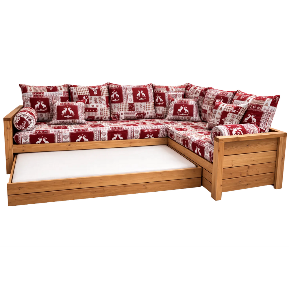 Canapé gigogne NORDIC Chambéry grenat avec angle à droite en pin massif brossé miel