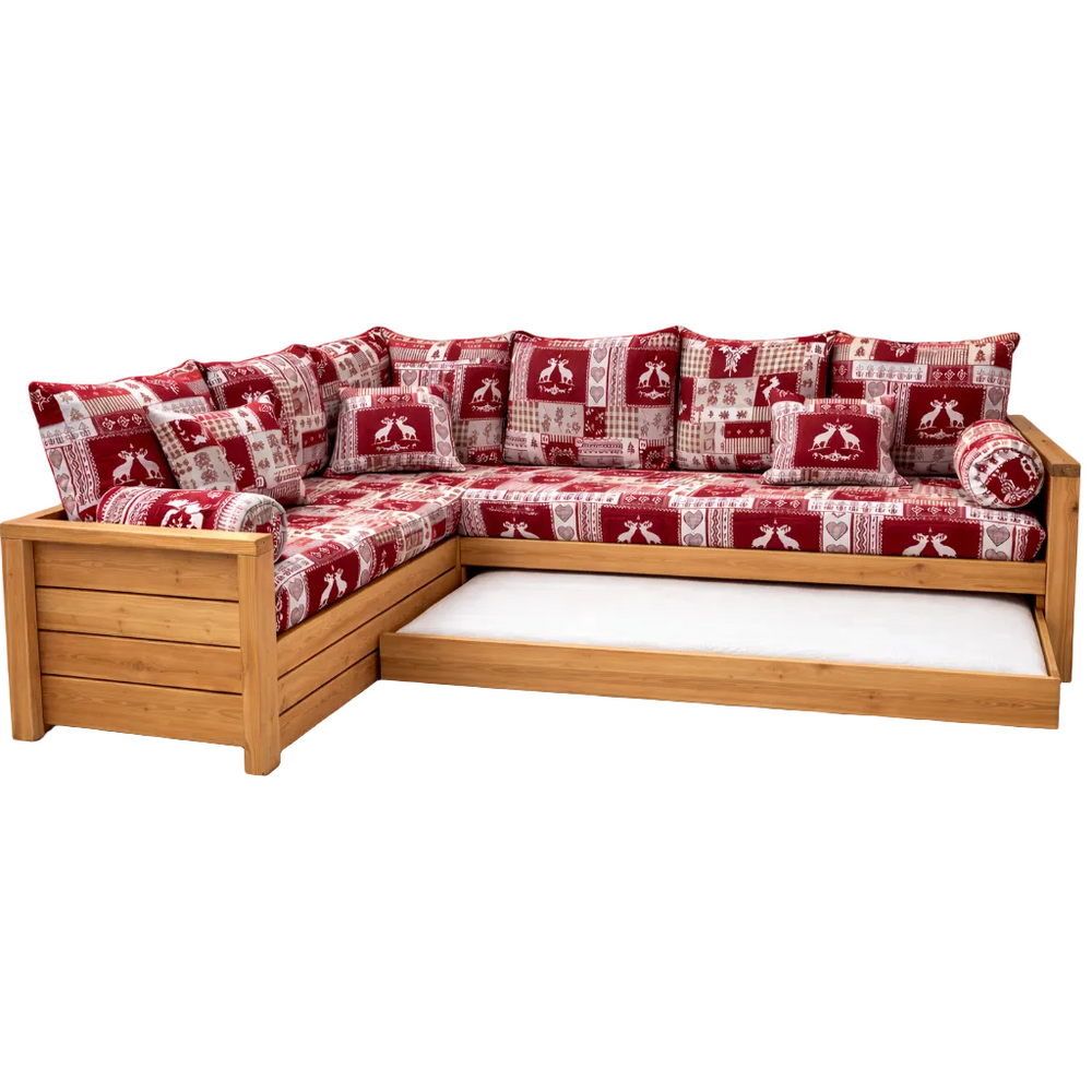 Canapé gigogne NORDIC Chambéry grenat avec angle à gauche en pin massif brossé miel