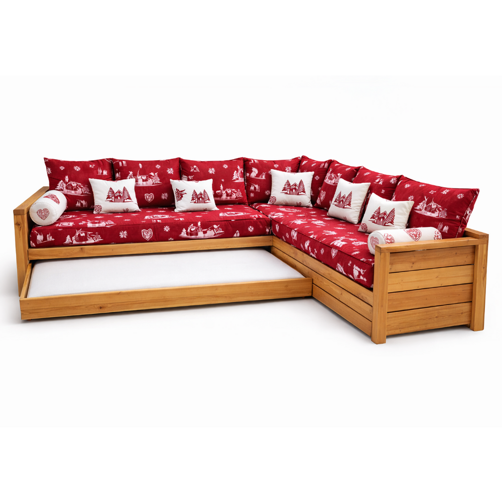 Canapé gigogne NORDIC Courchevel rouge avec angle à droite en pin massif brossé miel