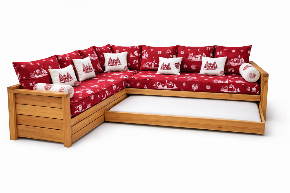 Canapé gigogne NORDIC Courchevel rouge avec angle à gauche en pin massif brossé miel