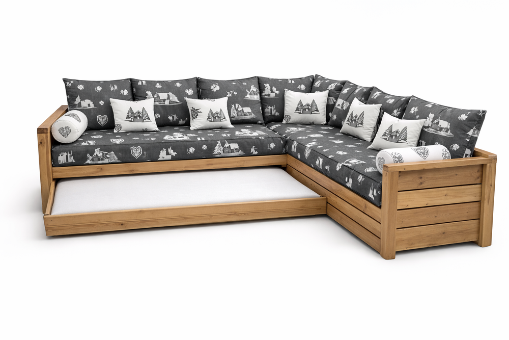 Canapé gigogne NORDIC Courchevel gris avec angle à droite en pin massif brossé miel