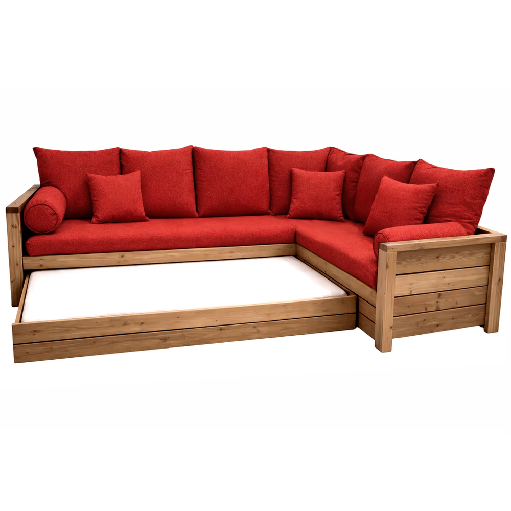 Canapé gigogne NORDIC Luisa rouge avec angle à droite en pin massif brossé miel