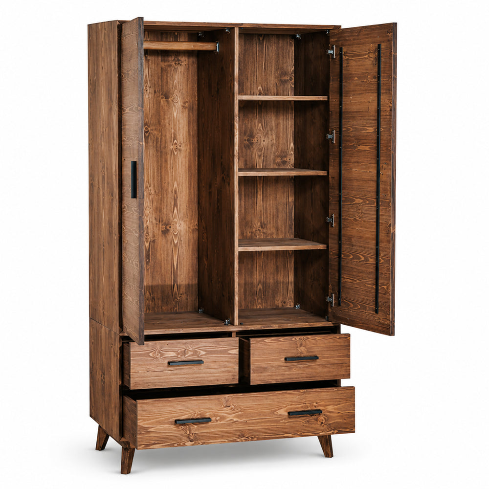 Armoire 2 portes 3 tiroirs en épicéa brossé huilé whisky | Nosta
