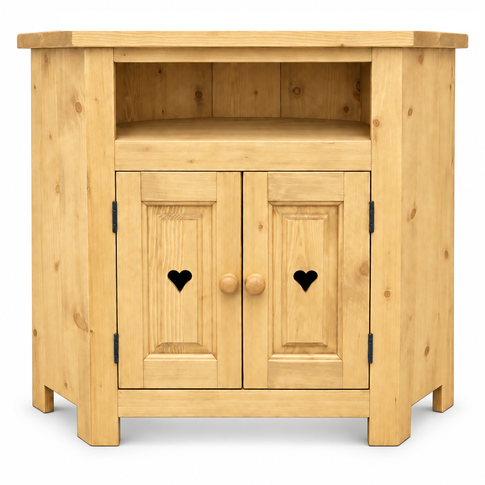 Meuble TV d'angle 2 portes avec niches et coeur  en épicéa massif huilé miel | TERROIR