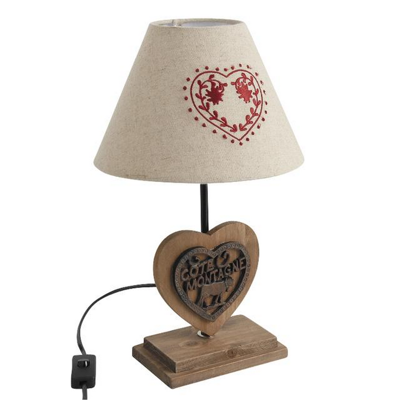 Lampe à poser en bois H37 cm piétement coeur et abat-jour broderie cœur rouge