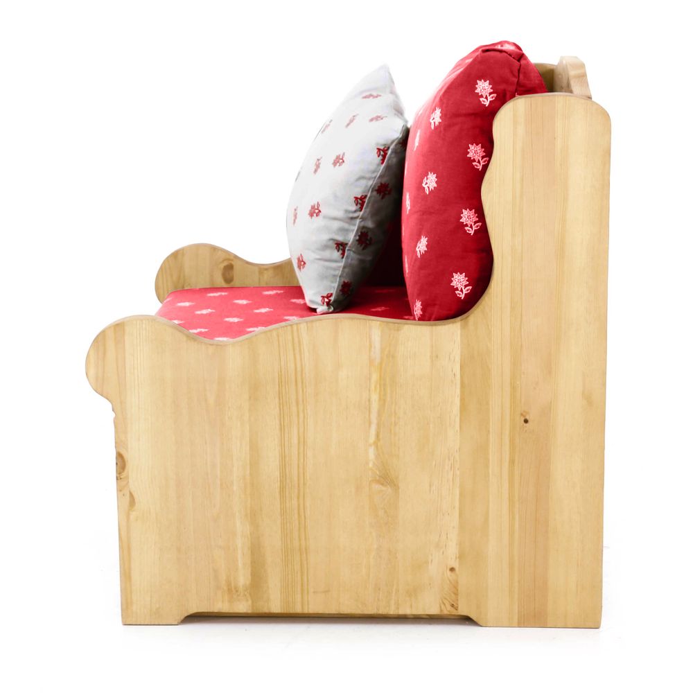 Fauteuil coffre chalet traditionnel en tissu rouge motif edelweiss Dahu