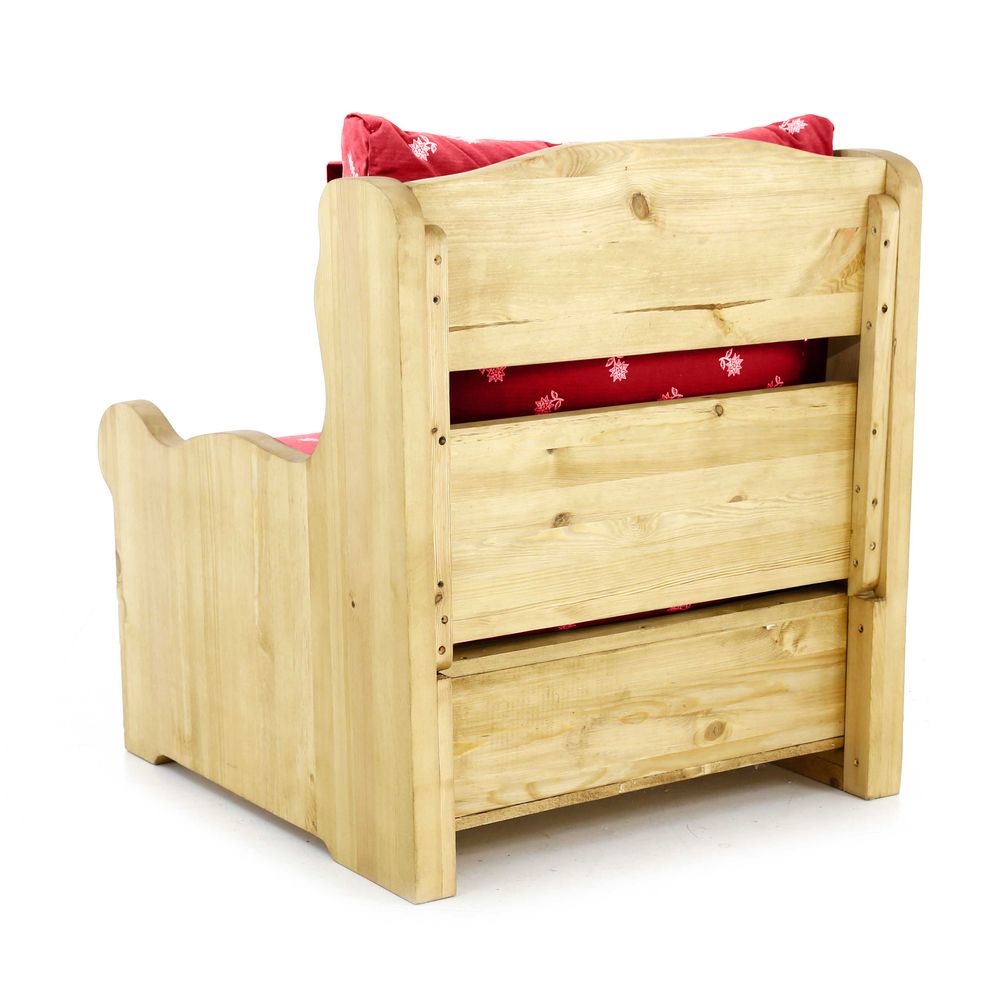 Fauteuil coffre chalet traditionnel en tissu rouge motif edelweiss Dahu