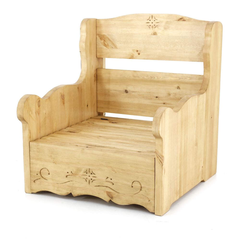 Fauteuil coffre chalet traditionnel en tissu rouge motif edelweiss Dahu