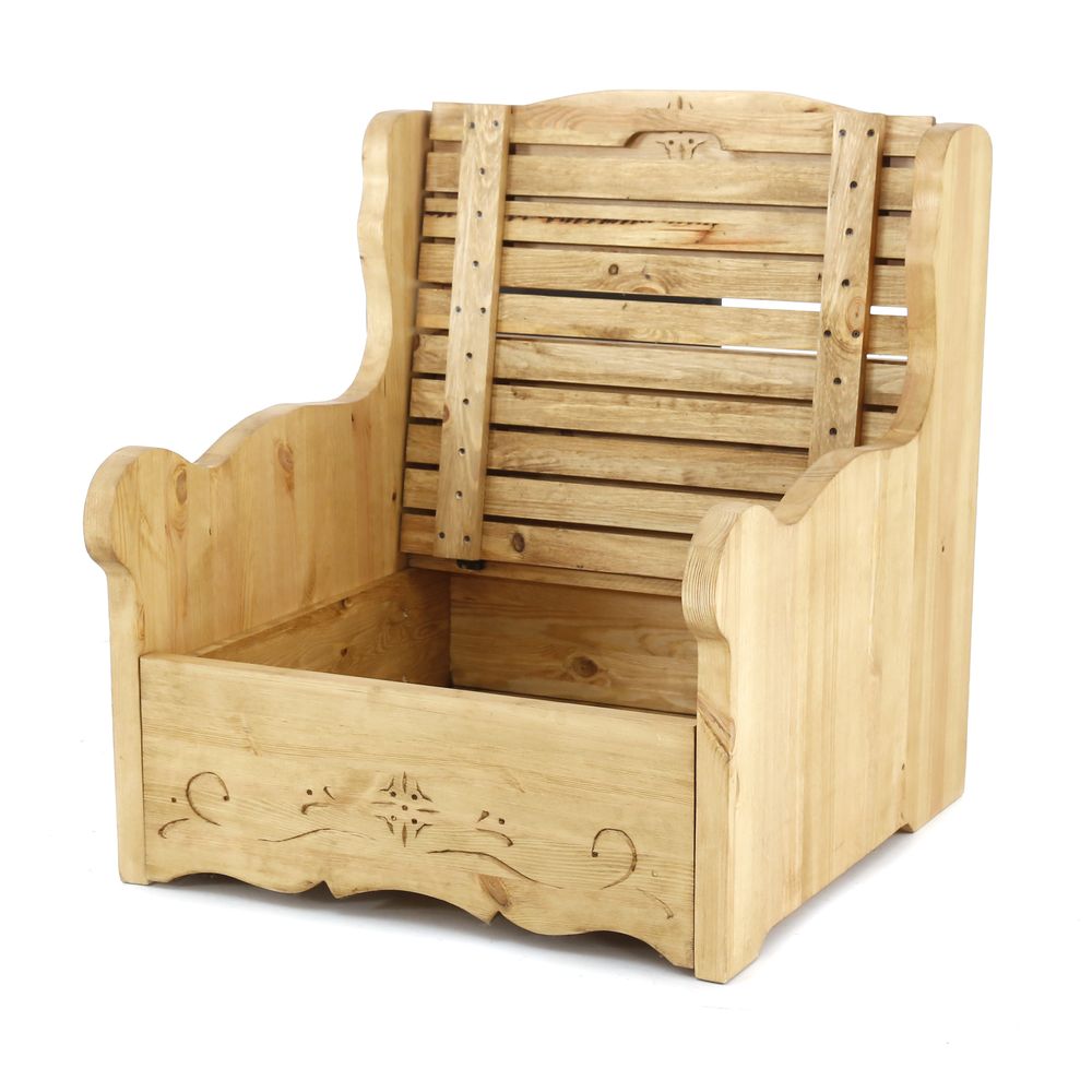 Fauteuil coffre chalet traditionnel en tissu rouge motif edelweiss Dahu
