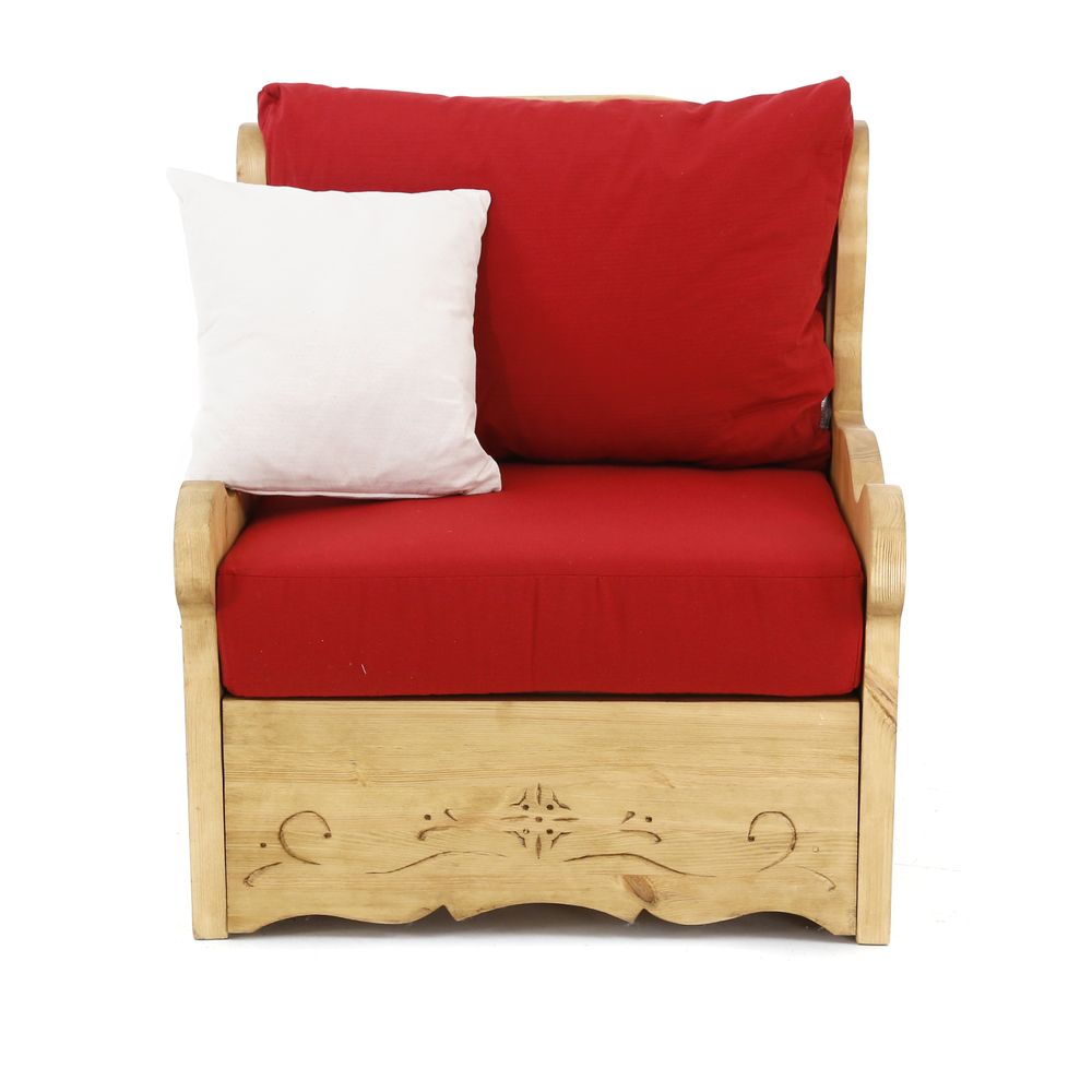 Fauteuil coffre pin massif sculpté et tissu rouge Liso