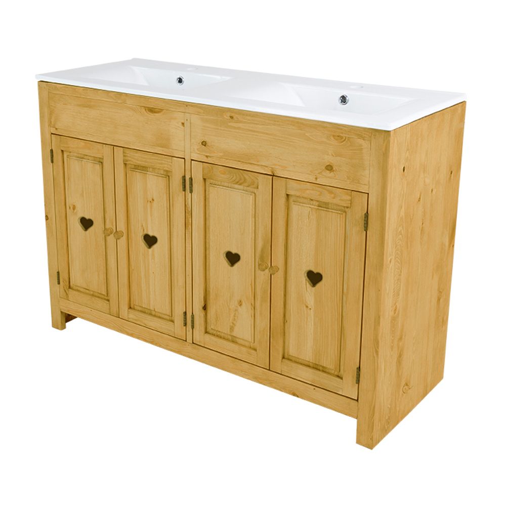 Meuble salle de bain pin massif 4 portes avec coeur double vasque 120 cm Praz